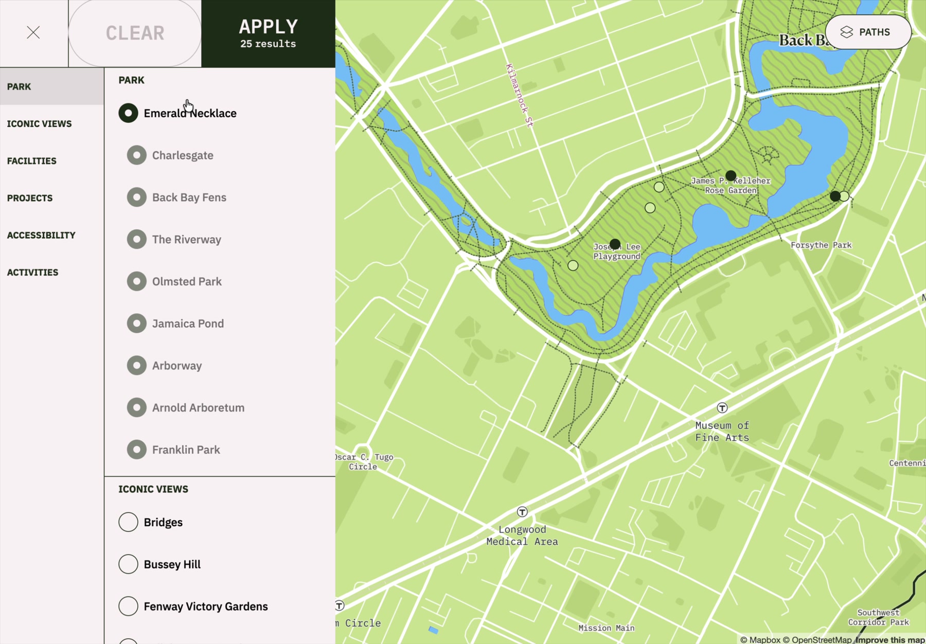 The filter panel — every category (parks, iconic views, facilities, activities) is generated from Airtable fields