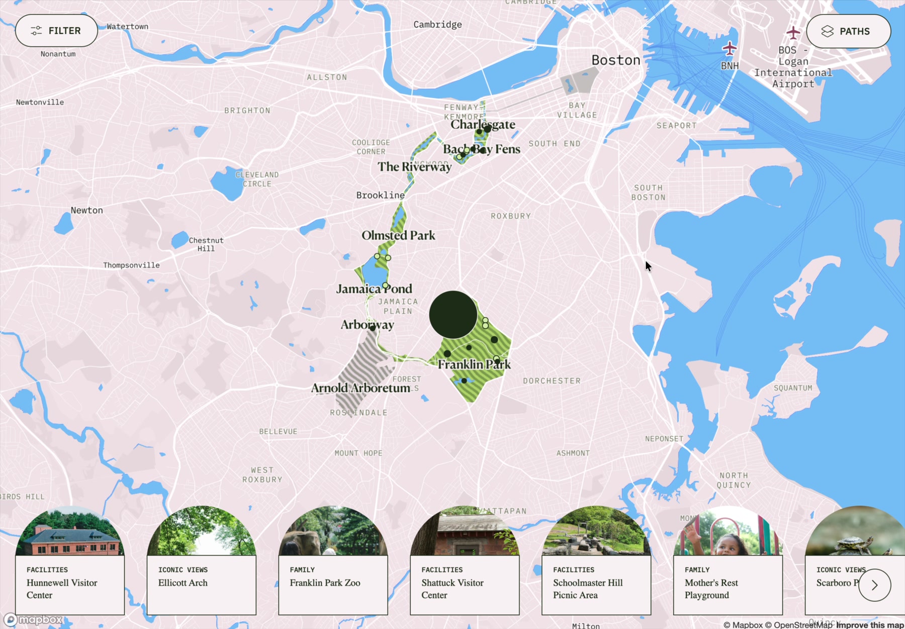 The whole Emerald Necklace on the live map, points of interest across every park, with the photo carousel along the bottom