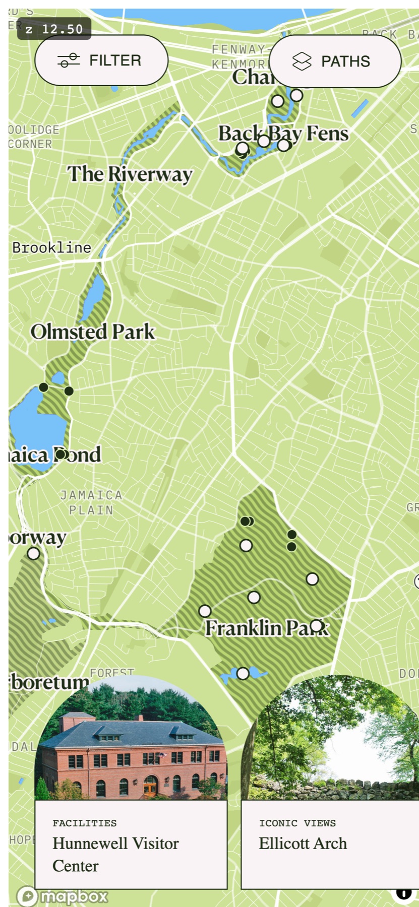The map on a phone, showing the Emerald Necklace and the point-of-interest carousel