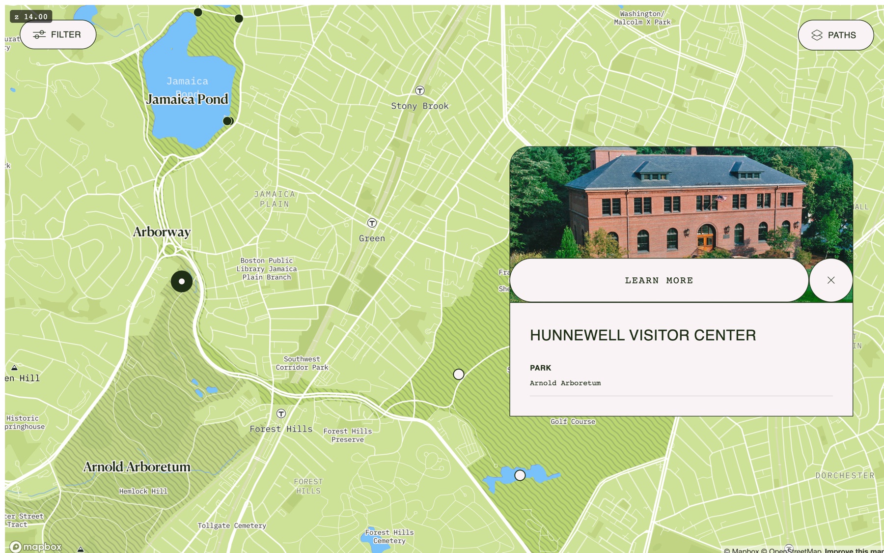The same point of interest on desktop: the Hunnewell Visitor Center detail card floats over the map