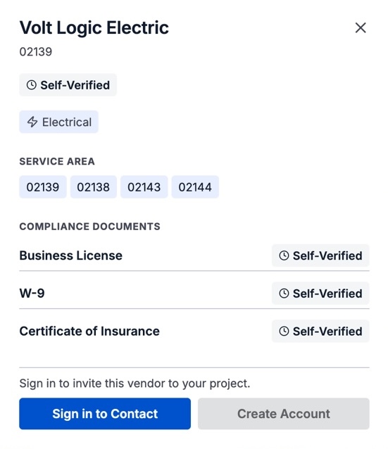 The same modal at Tier 2: Volt Logic Electric badged Self-Verified, with each document submitted and pending admin review
