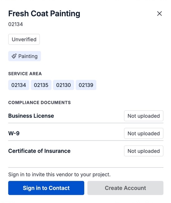 The vendor detail modal at Tier 1: Fresh Coat Painting badged Unverified, with business license, W-9, and certificate of insurance all Not uploaded