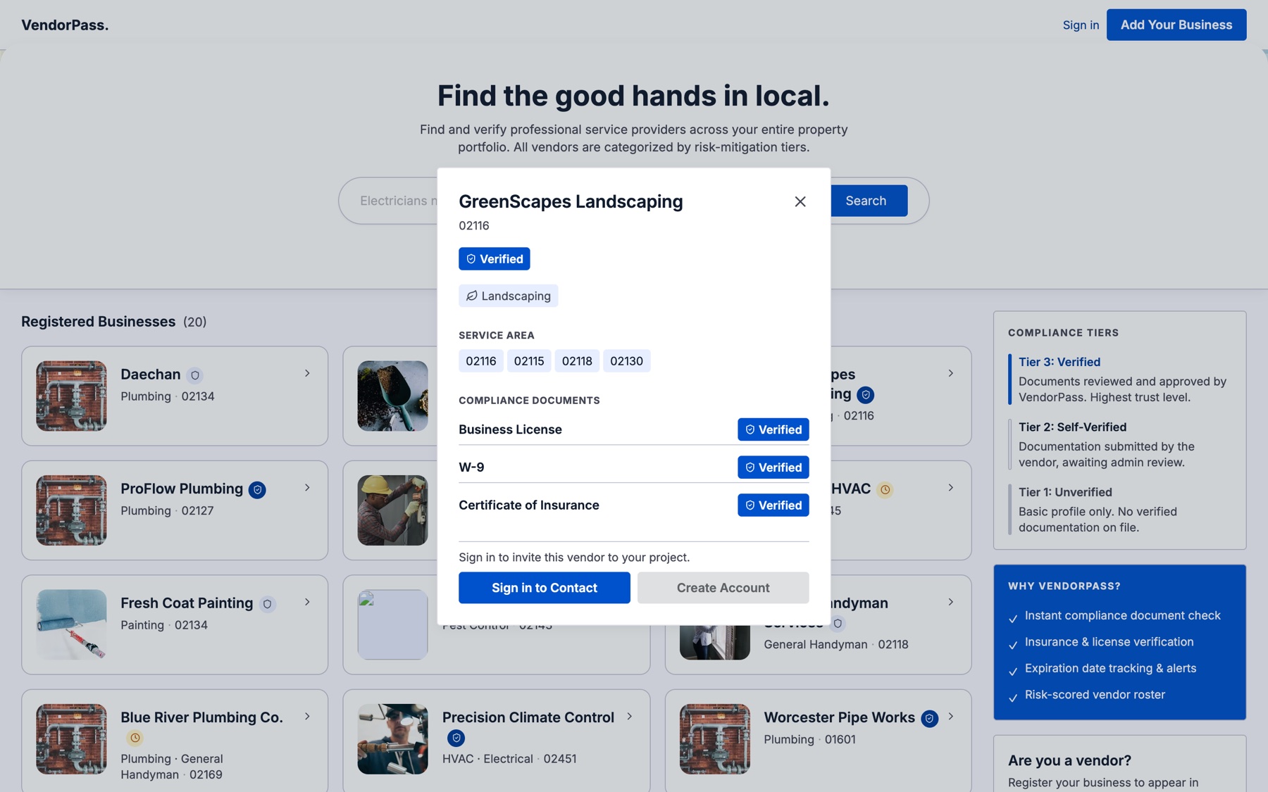 A verified vendor's detail modal: business license, W-9, and certificate of insurance each badged Verified in saturated blue, with the Tier 3 chip at top