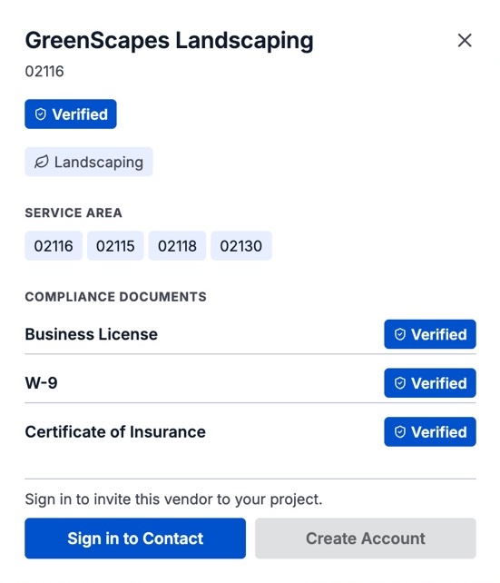 The same modal at Tier 3: GreenScapes Landscaping badged Verified in saturated blue, with business license, W-9, and certificate of insurance each Verified