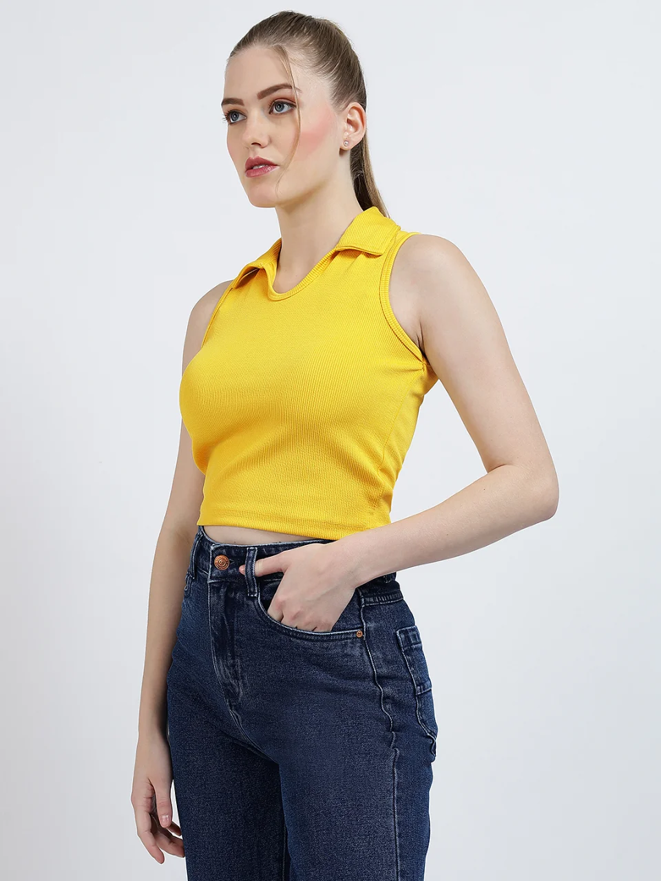 Women’s Sleeveless Collared Crop Top alternate view