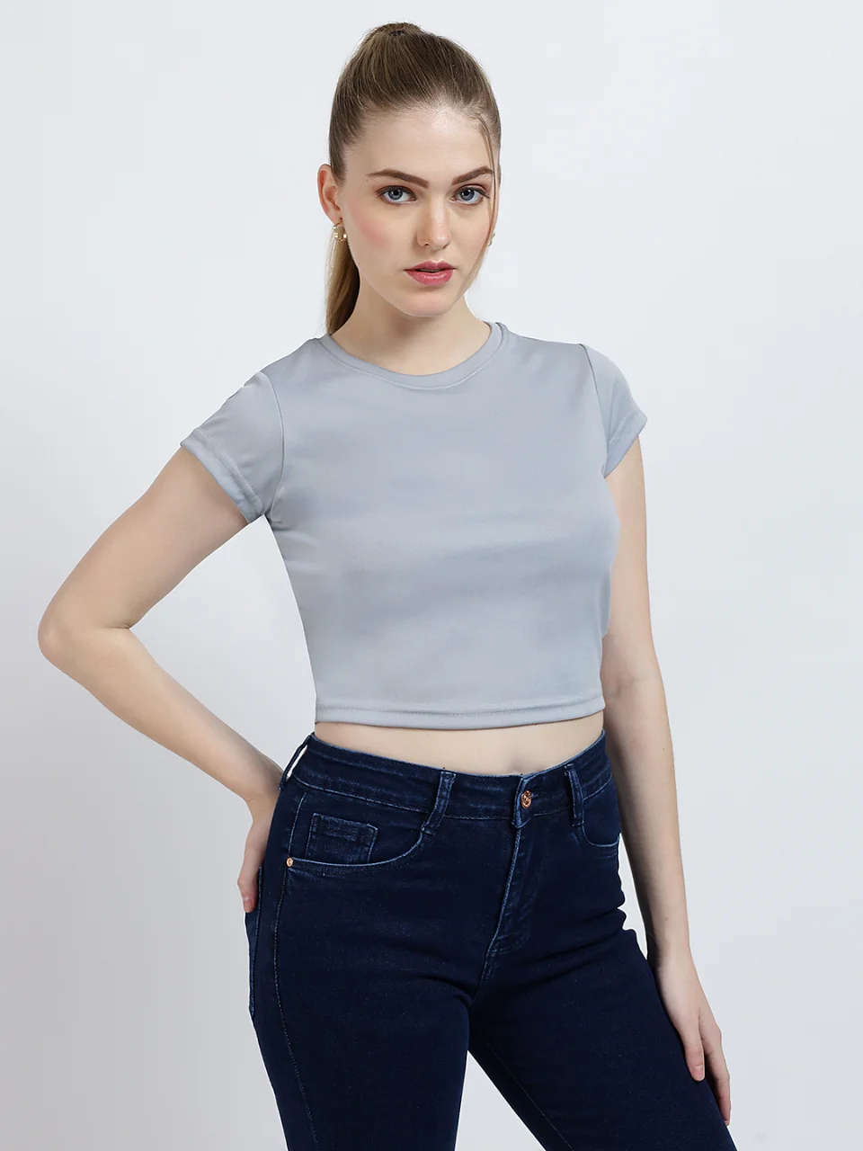 Women’s Short Sleeve Round Neck Crop Top - View 3