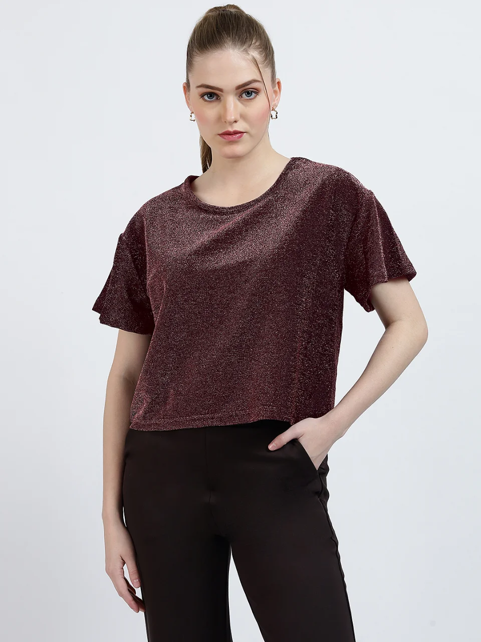 Women's Metallic Glitter Round Neck T-Shirt