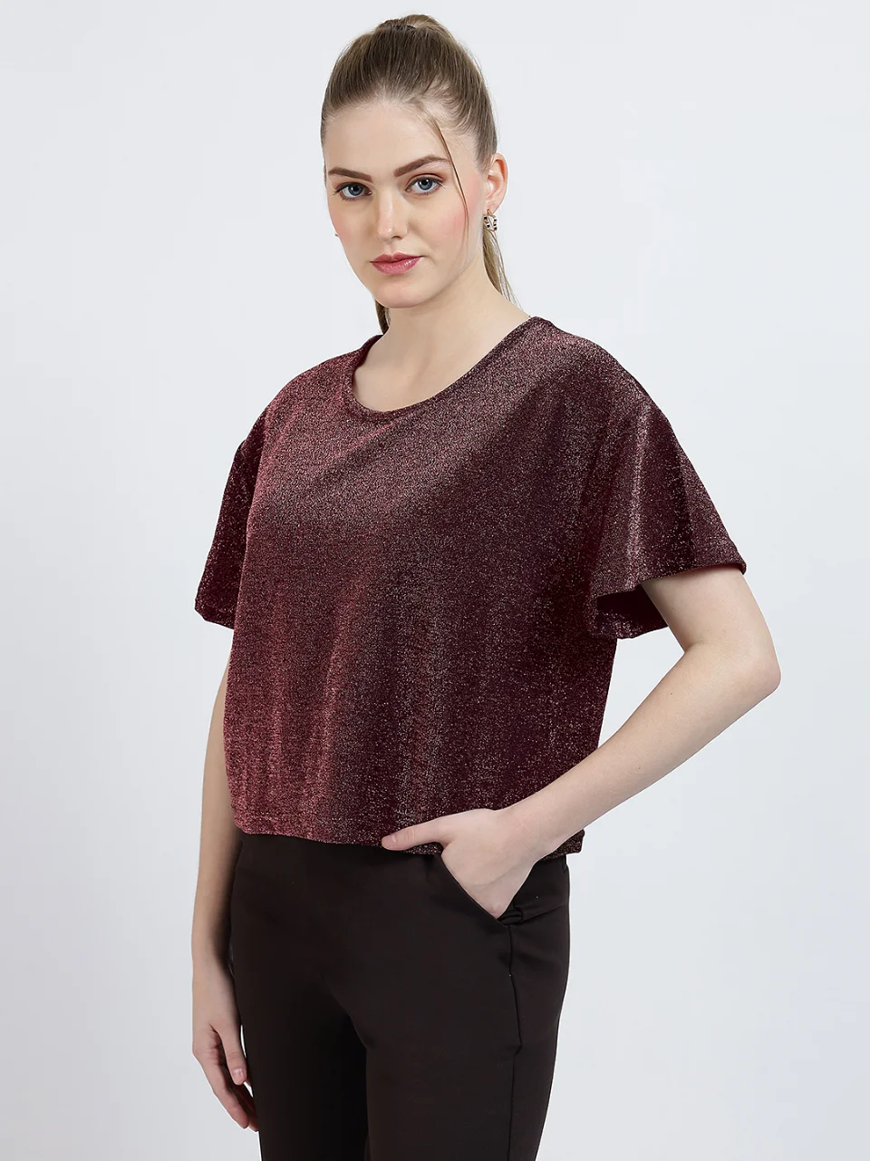 Women's Metallic Glitter Round Neck T-Shirt alternate view