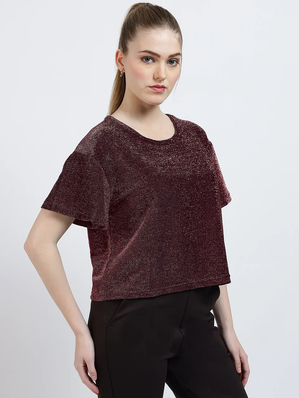Women's Metallic Glitter Round Neck T-Shirt - View 3
