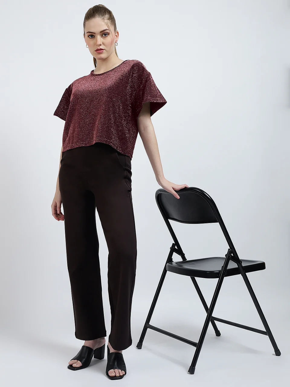 Women's Metallic Glitter Round Neck T-Shirt - View 5