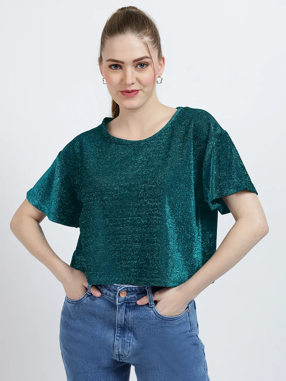 Emerald Green Metallic Knit Flutter Sleeve Top