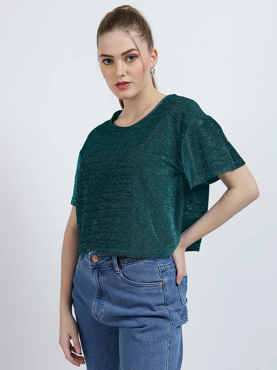 Emerald Green Metallic Knit Flutter Sleeve Top alternate view