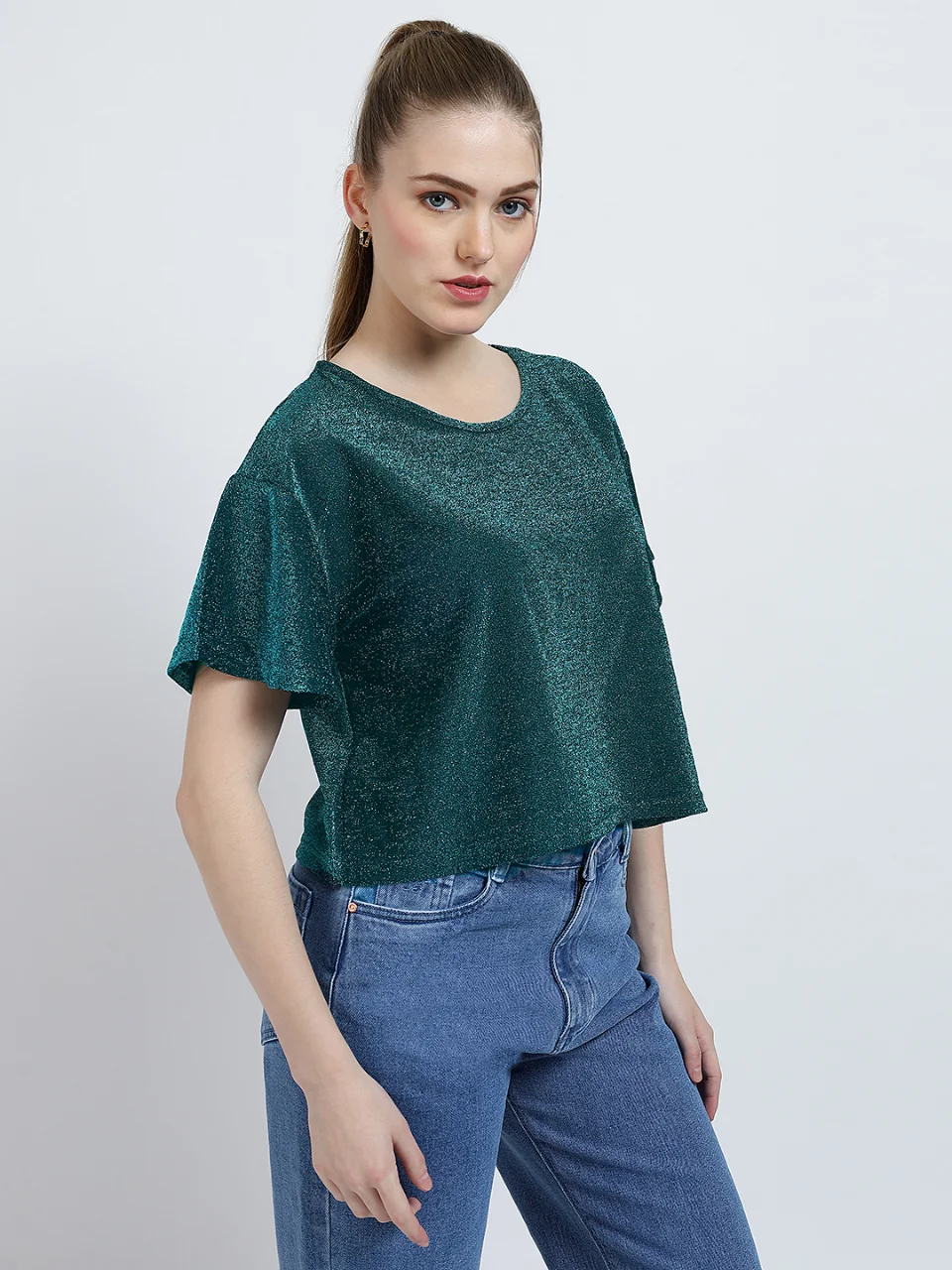 Emerald Green Metallic Knit Flutter Sleeve Top - View 3