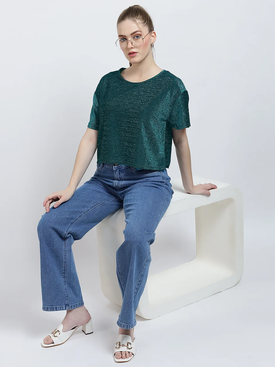Emerald Green Metallic Knit Flutter Sleeve Top - View 5