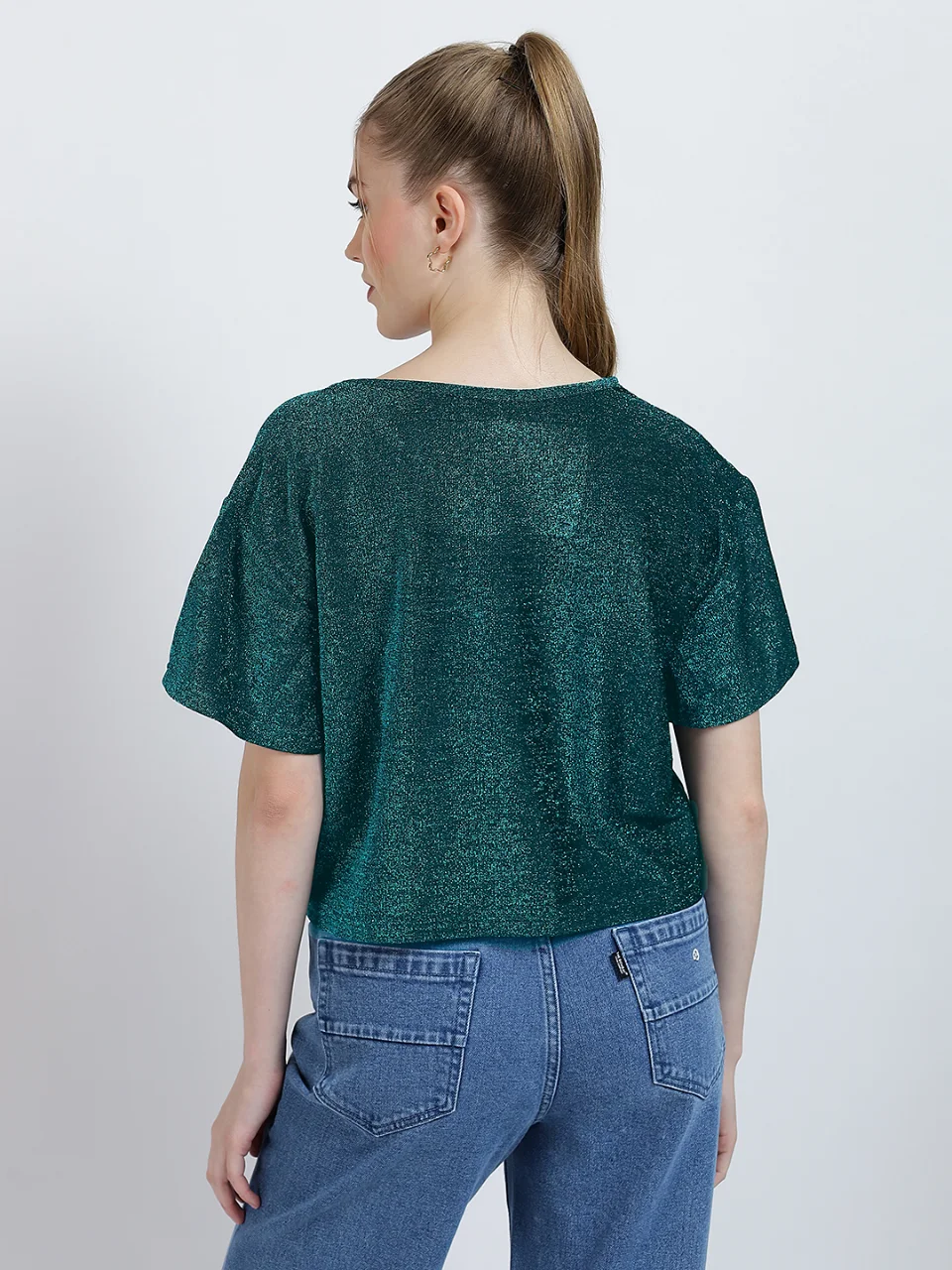 Emerald Green Metallic Knit Flutter Sleeve Top - View 4