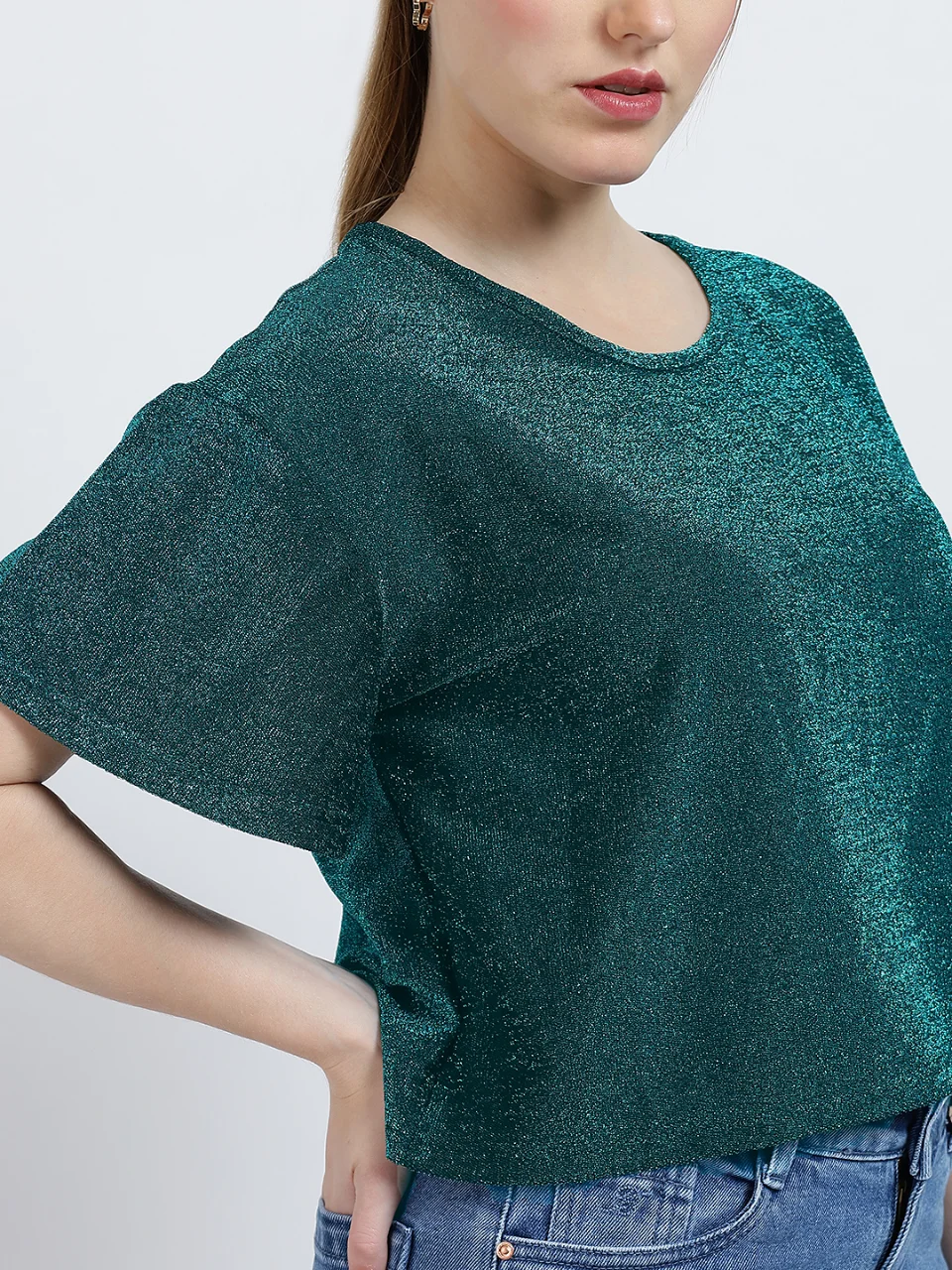 Emerald Green Metallic Knit Flutter Sleeve Top - View 6