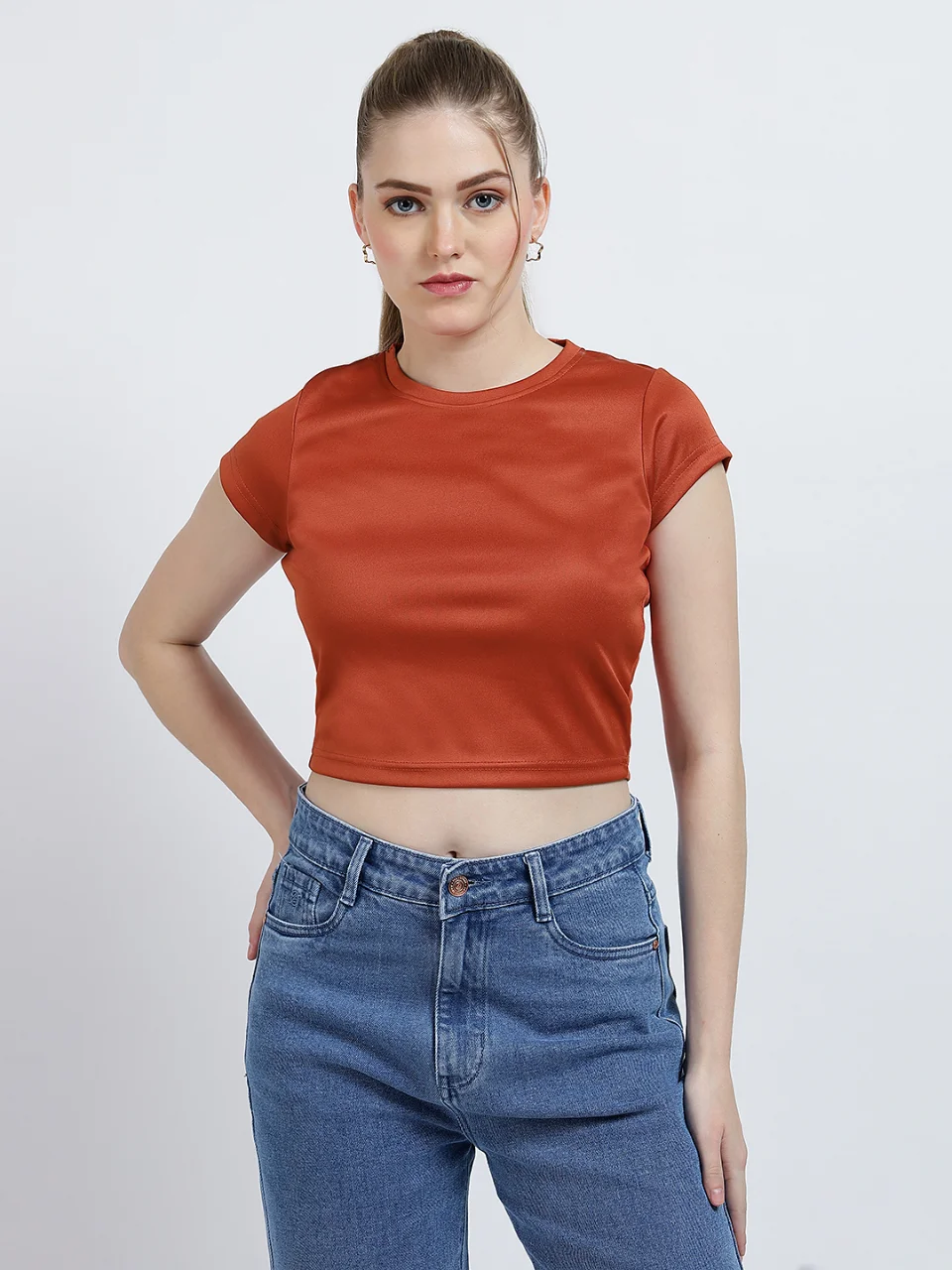 Women’s Solid Rust Short Sleeve Crop Top