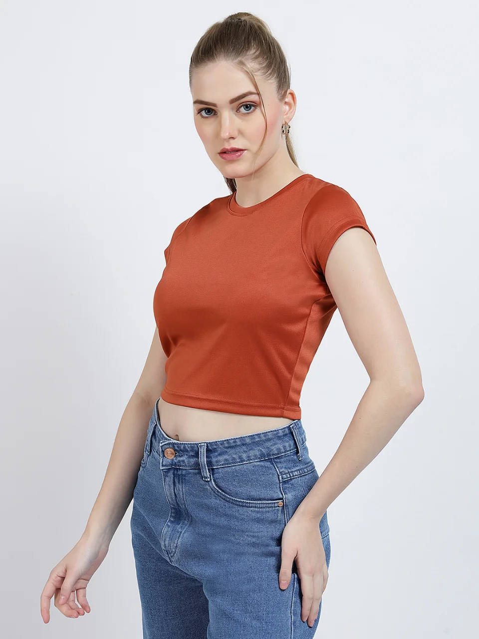 Women’s Solid Rust Short Sleeve Crop Top alternate view