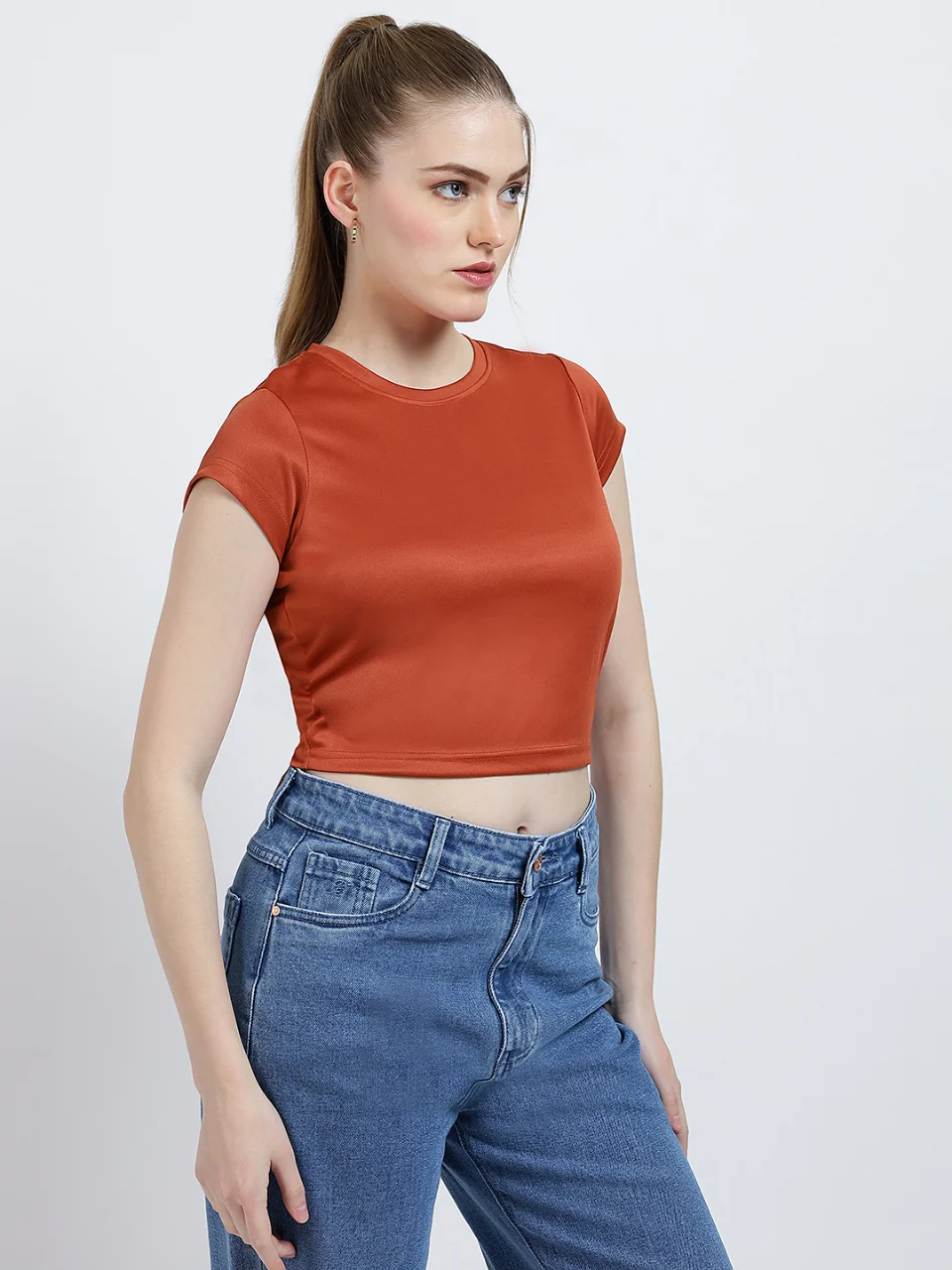Women’s Solid Rust Short Sleeve Crop Top - View 3