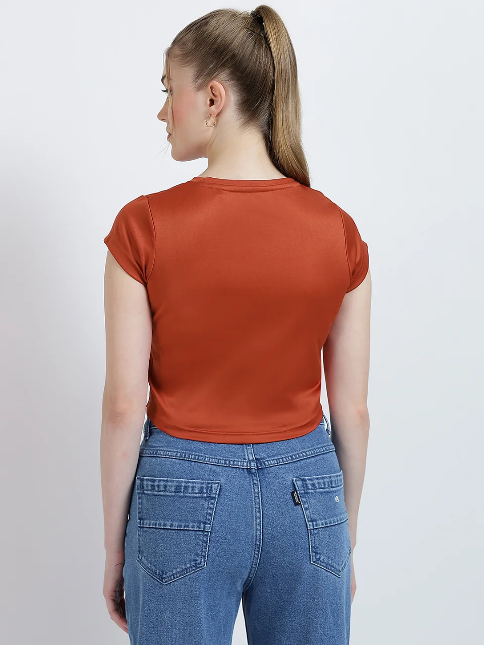 Women’s Solid Rust Short Sleeve Crop Top - View 4