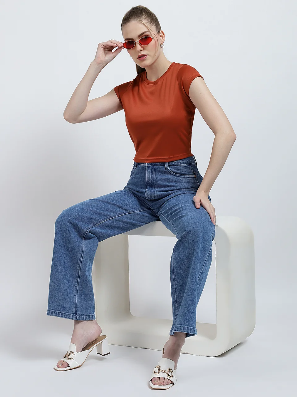 Women’s Solid Rust Short Sleeve Crop Top - View 5