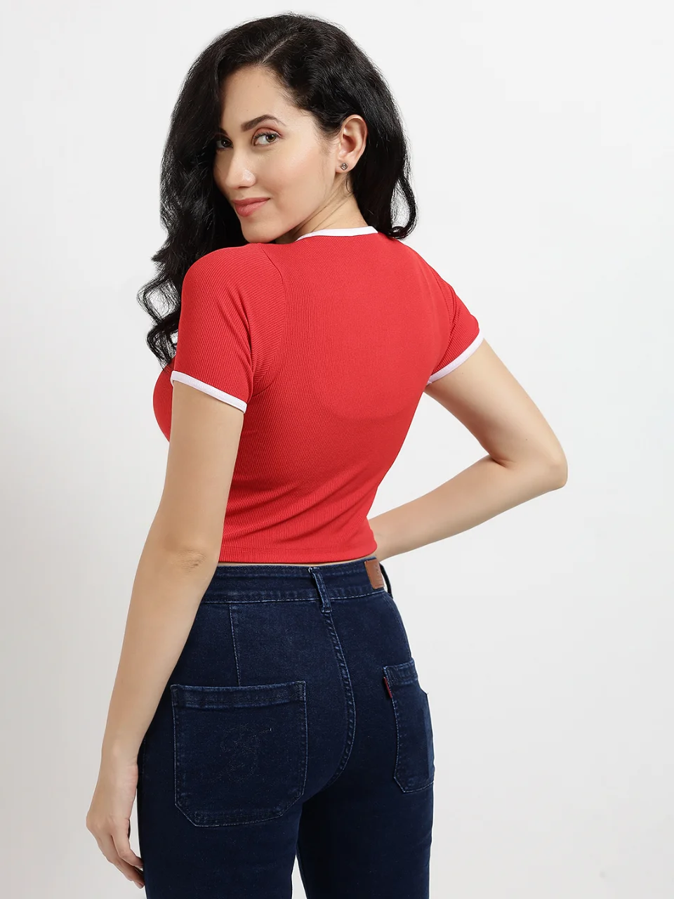 Red Ribbed Crop Top with Contrast White Trims - View 4