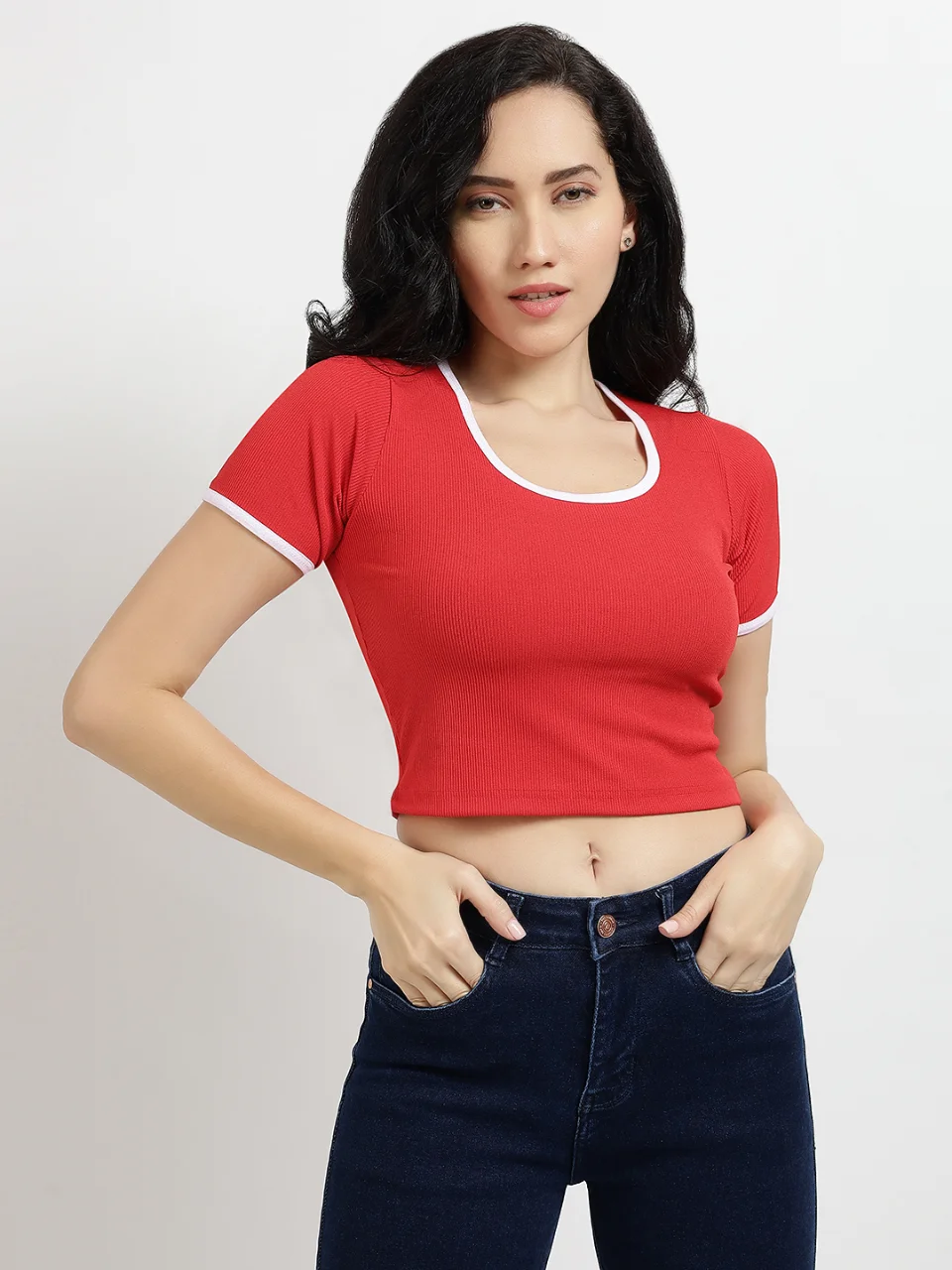 Red Ribbed Crop Top with Contrast White Trims