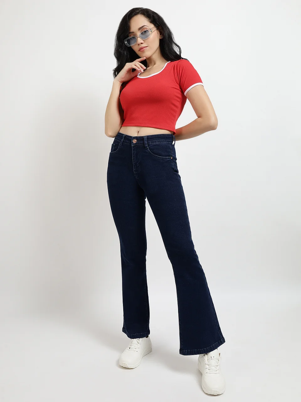Red Ribbed Crop Top with Contrast White Trims - View 5