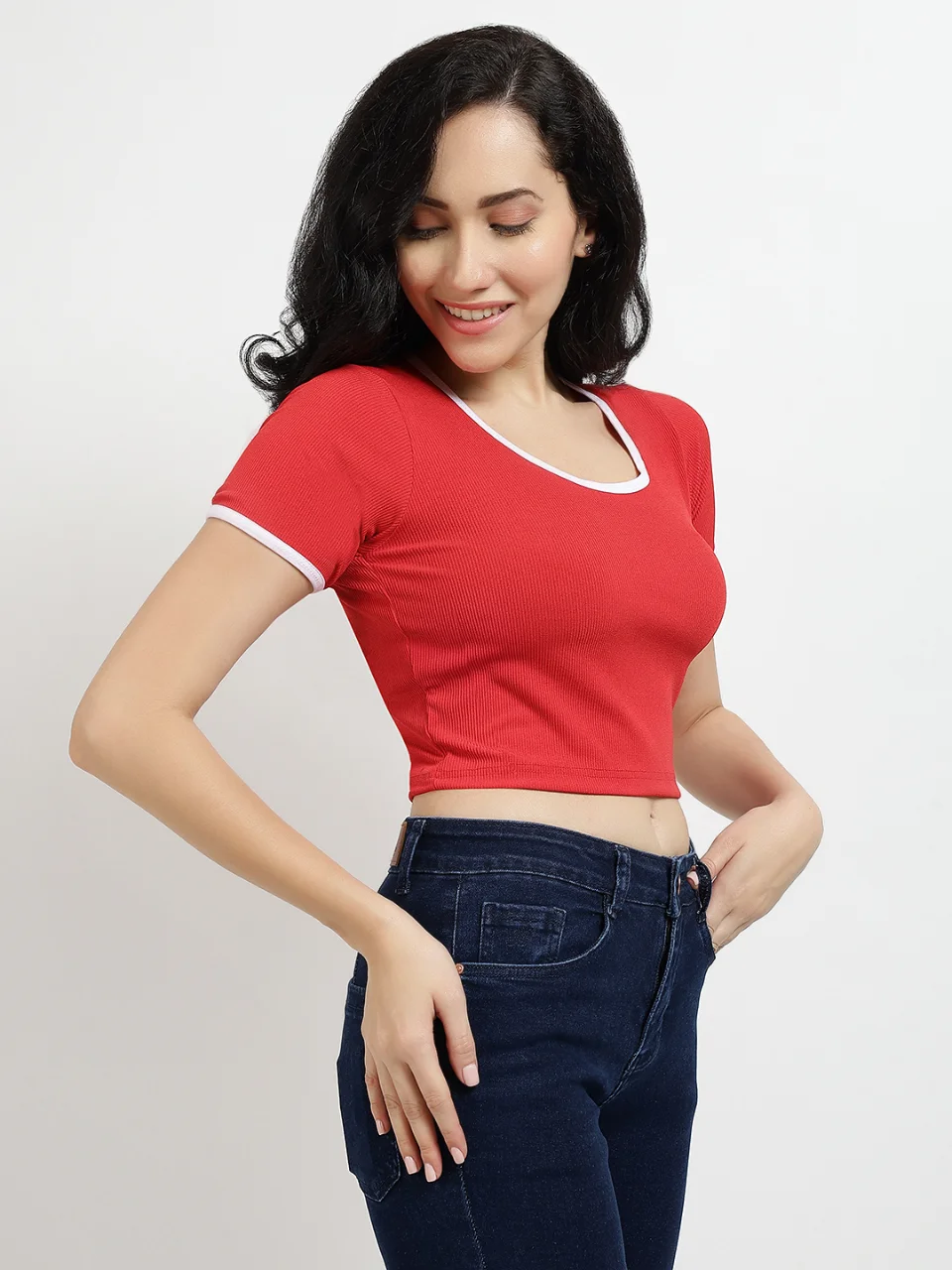 Red Ribbed Crop Top with Contrast White Trims - View 3