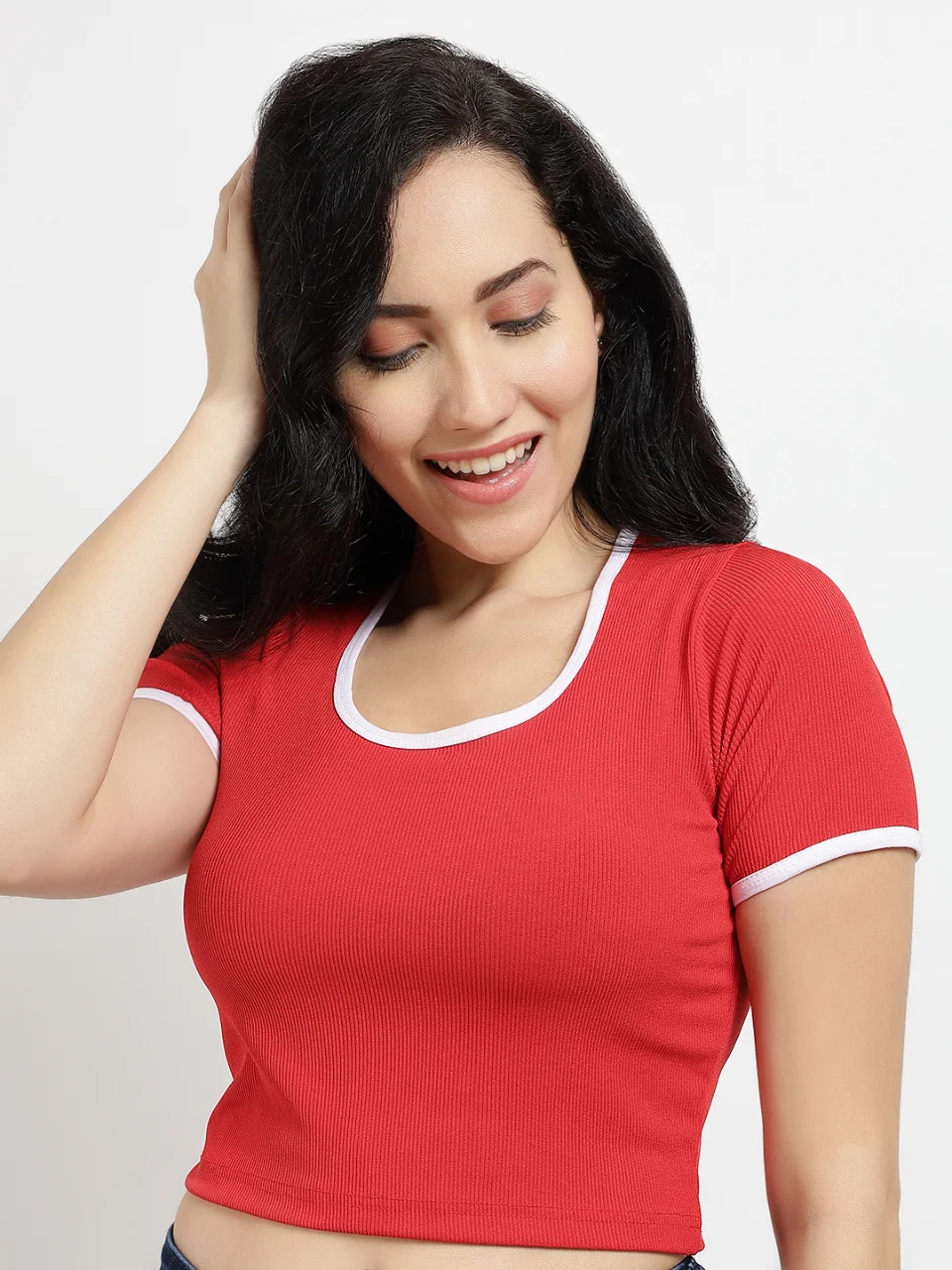 Red Ribbed Crop Top with Contrast White Trims - View 6