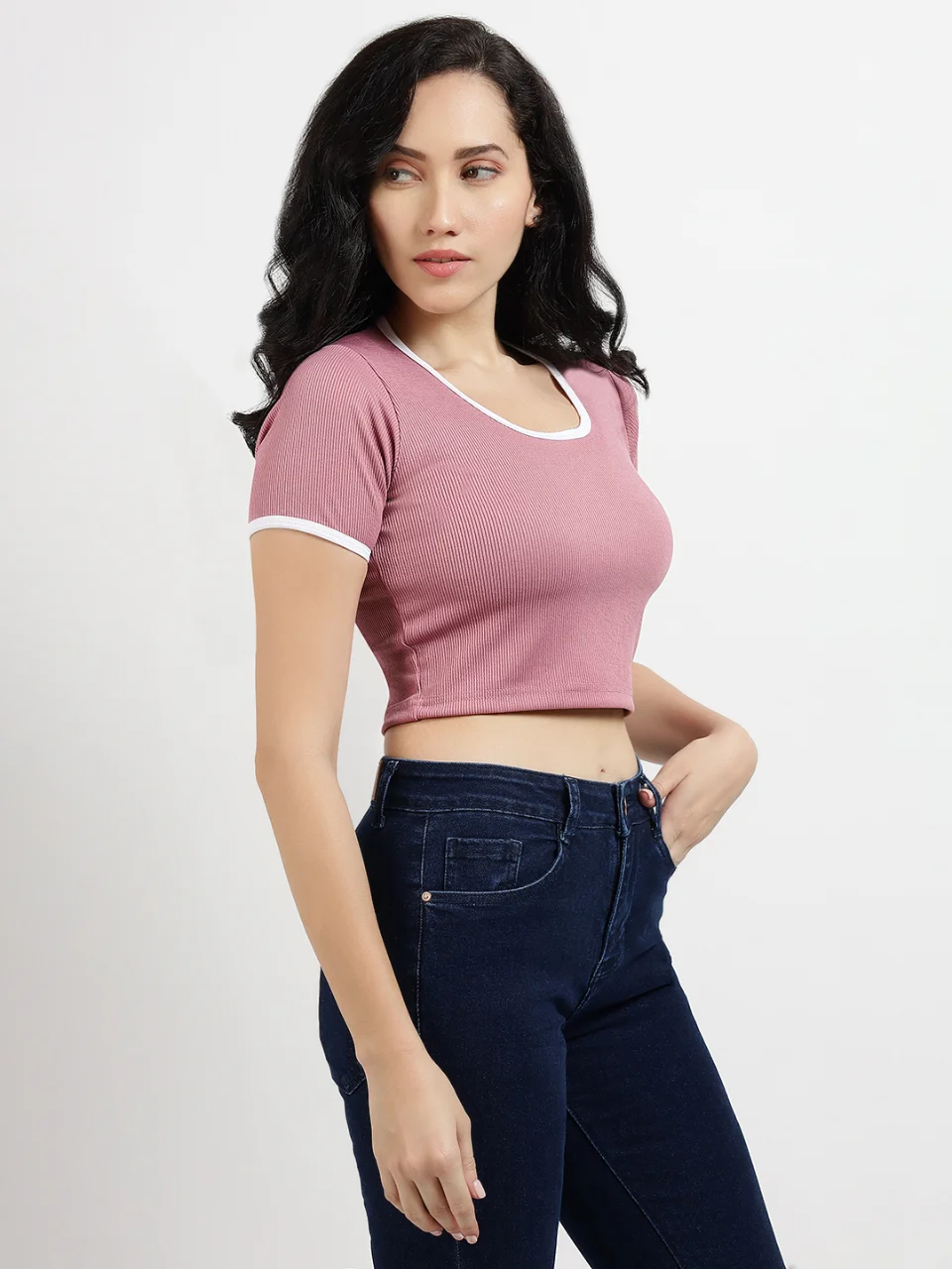 Women Dusty Pink Ribbed Ringer Crop Top - View 3