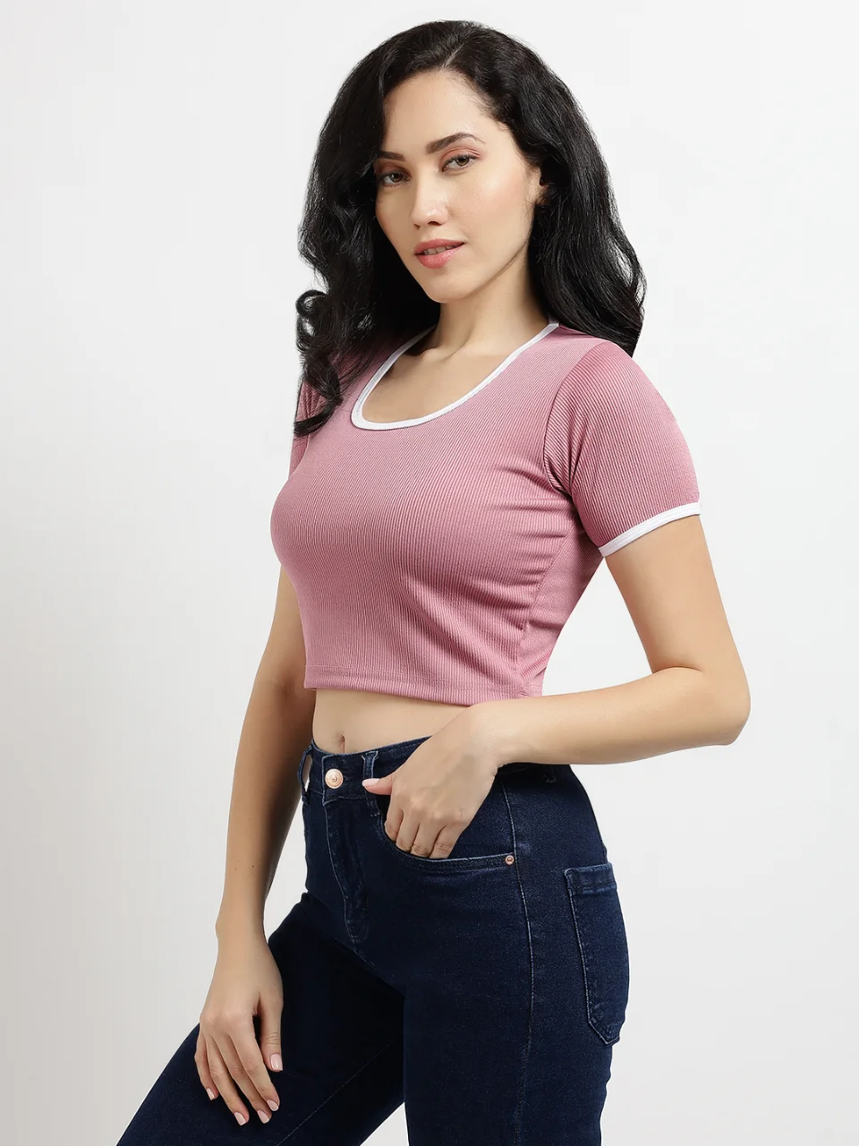 Women Dusty Pink Ribbed Ringer Crop Top alternate view