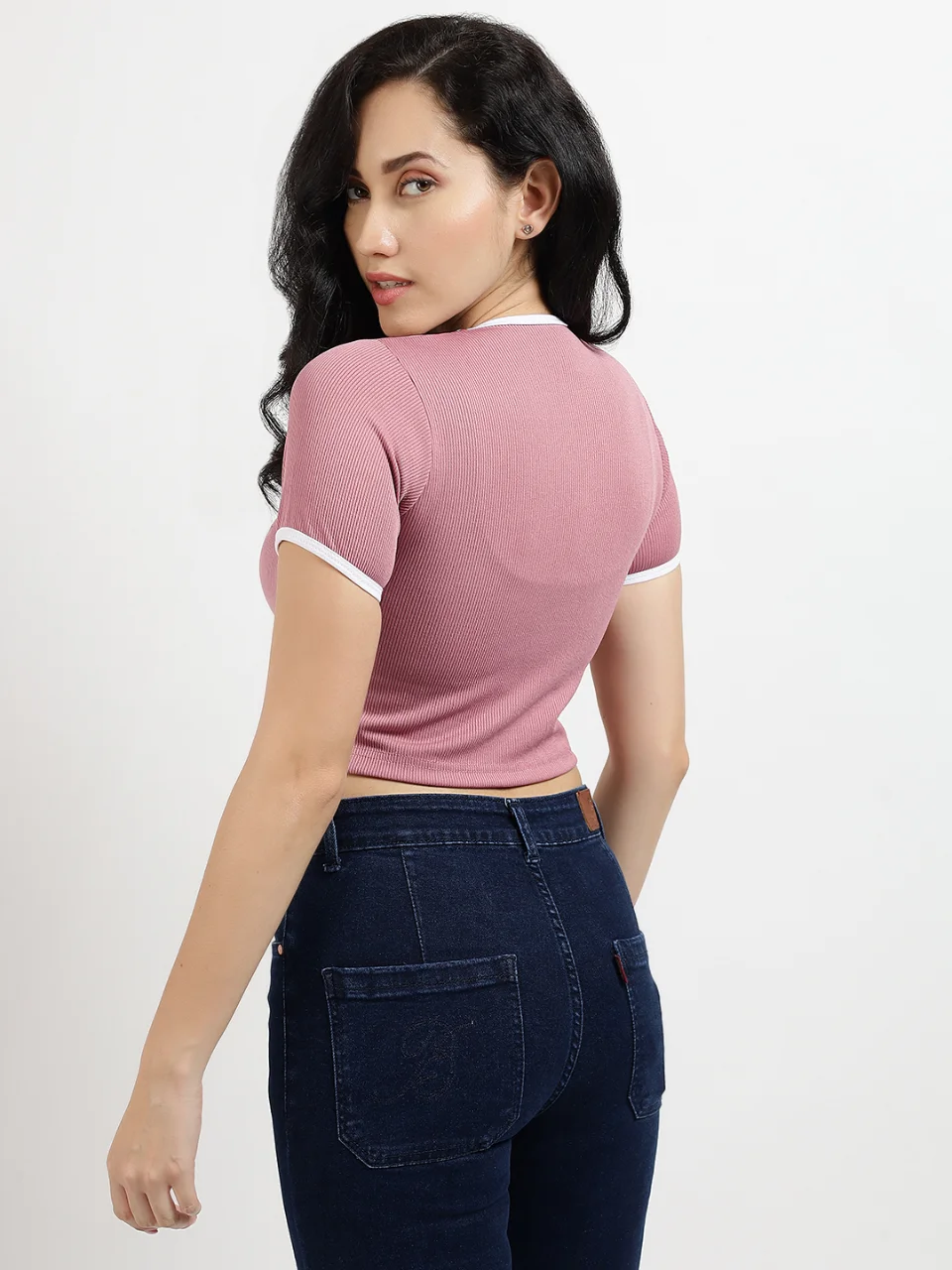 Women Dusty Pink Ribbed Ringer Crop Top - View 4