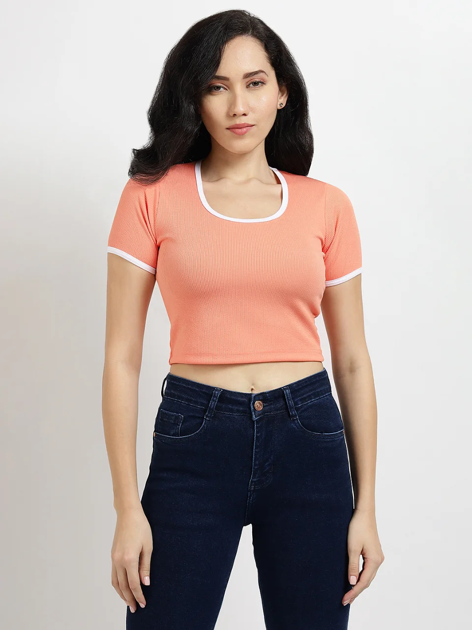Women's Peach Ringer Crop Top