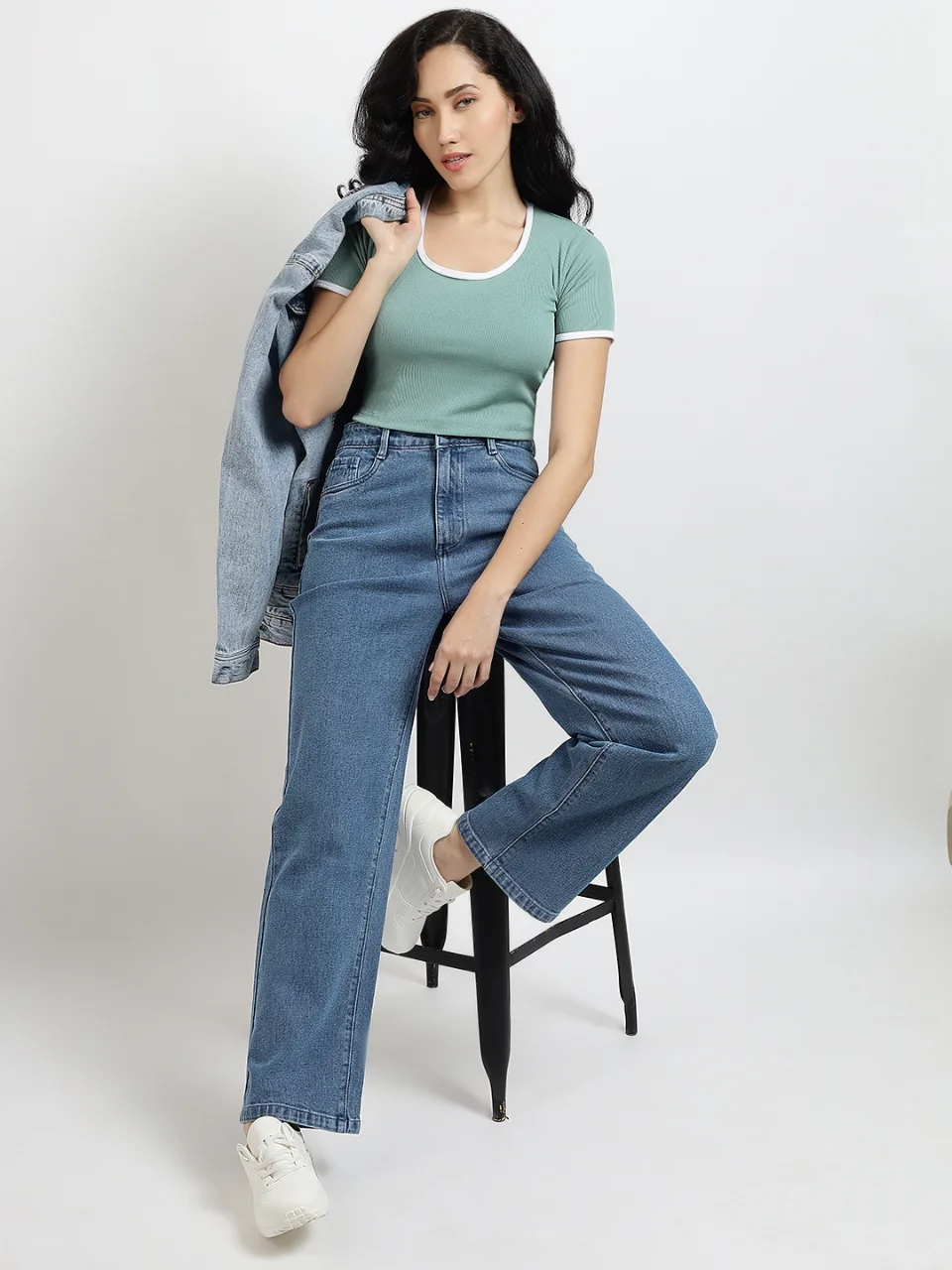 Womens Sage Green Ribbed Ringer Crop Top - View 5