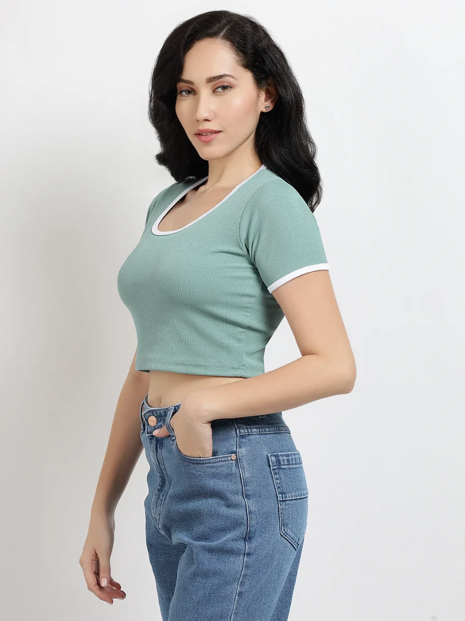 Womens Sage Green Ribbed Ringer Crop Top alternate view