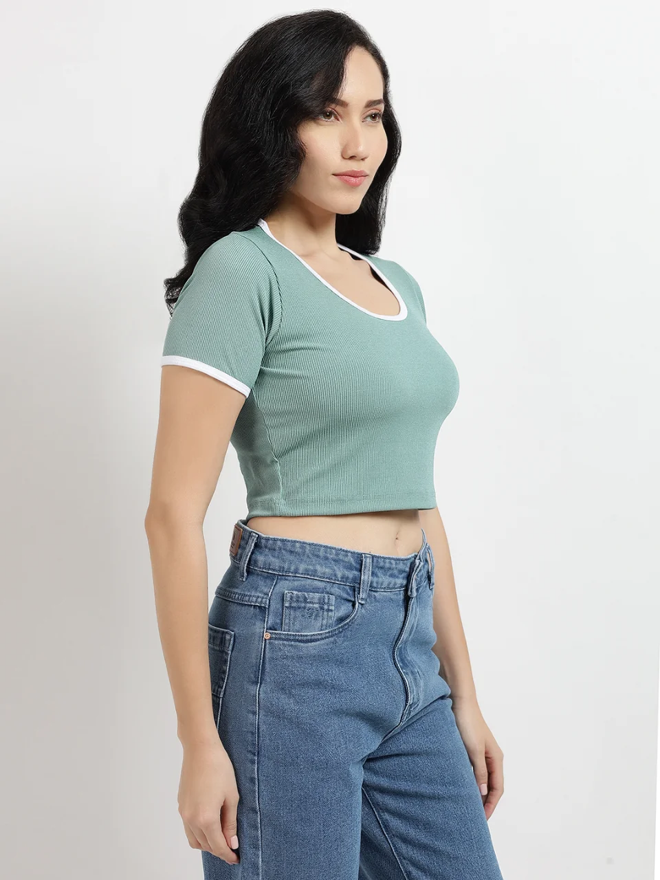 Womens Sage Green Ribbed Ringer Crop Top - View 3