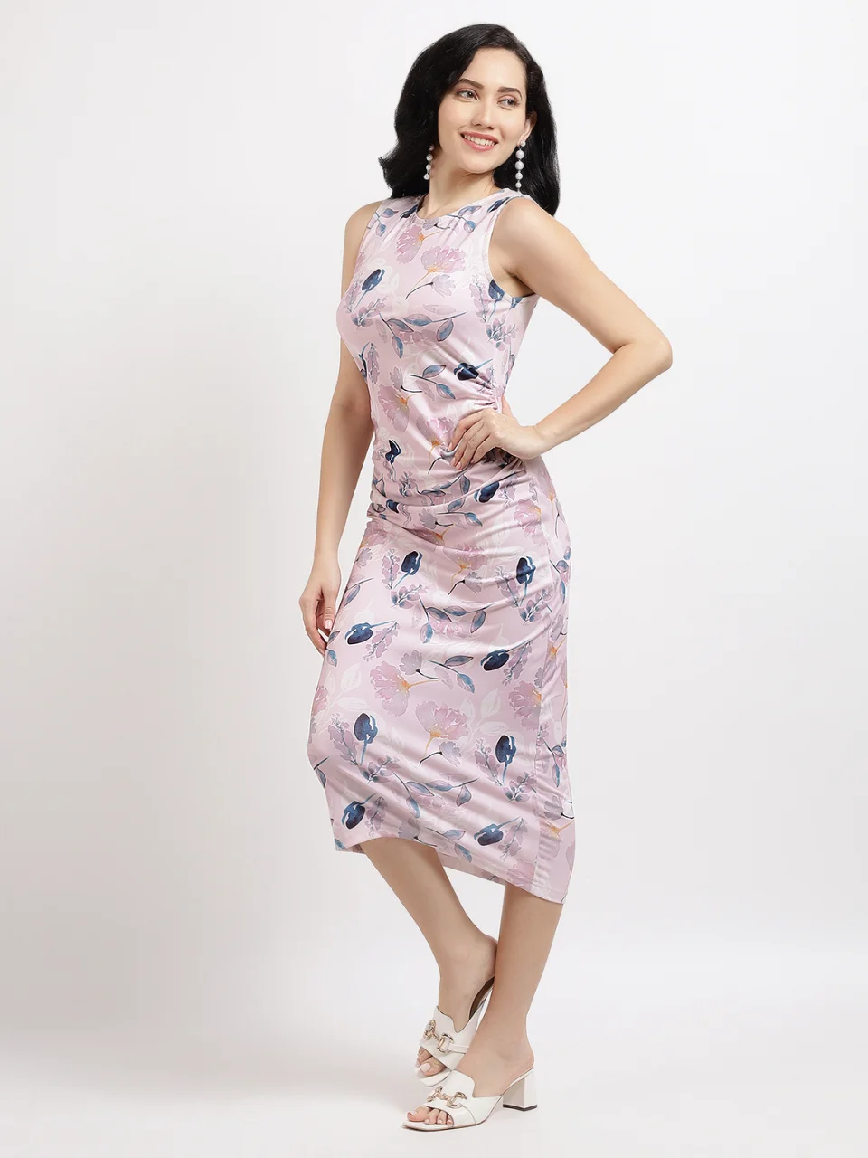 Pink Floral Satin Ruched Midi Dress alternate view