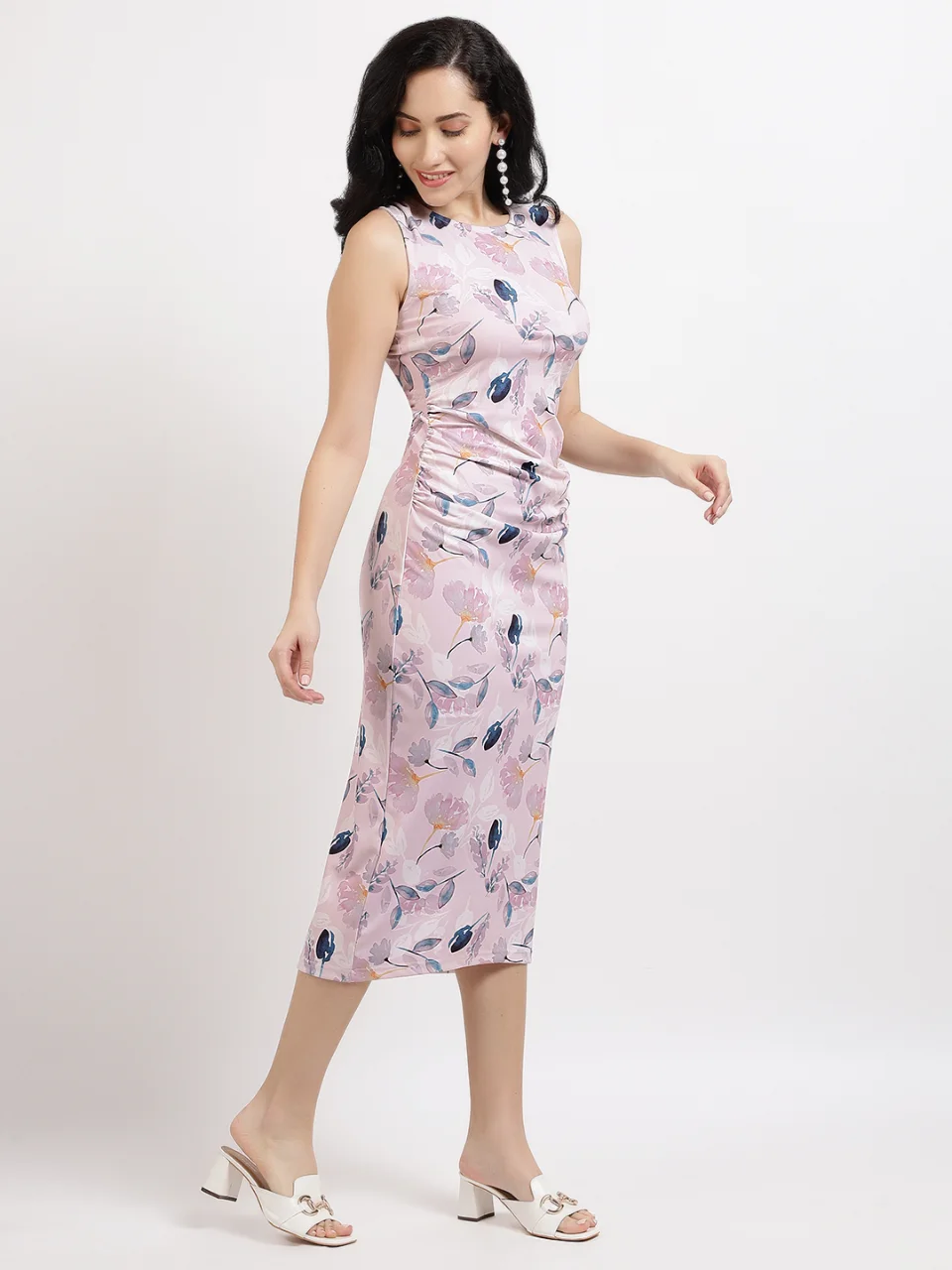 Pink Floral Satin Ruched Midi Dress - View 3
