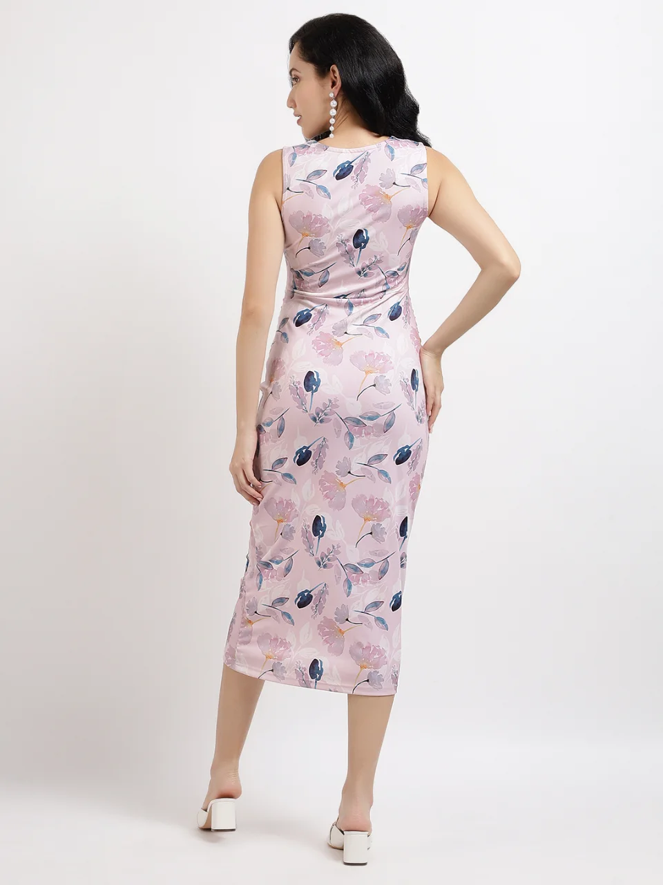 Pink Floral Satin Ruched Midi Dress - View 4