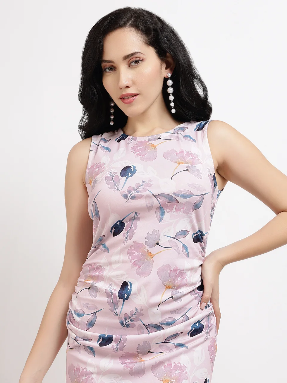 Pink Floral Satin Ruched Midi Dress - View 6