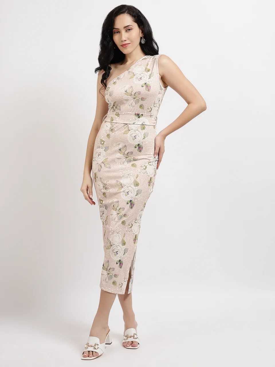 Women Beige Floral Print One-Shoulder Bodycon Dress with Belt