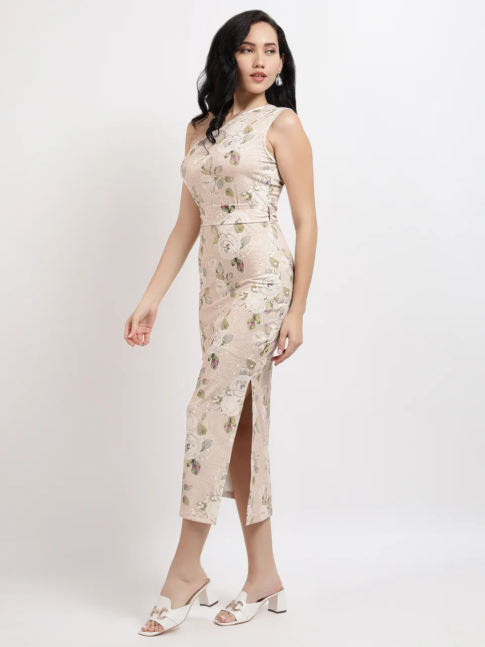 Women Beige Floral Print One-Shoulder Bodycon Dress with Belt alternate view