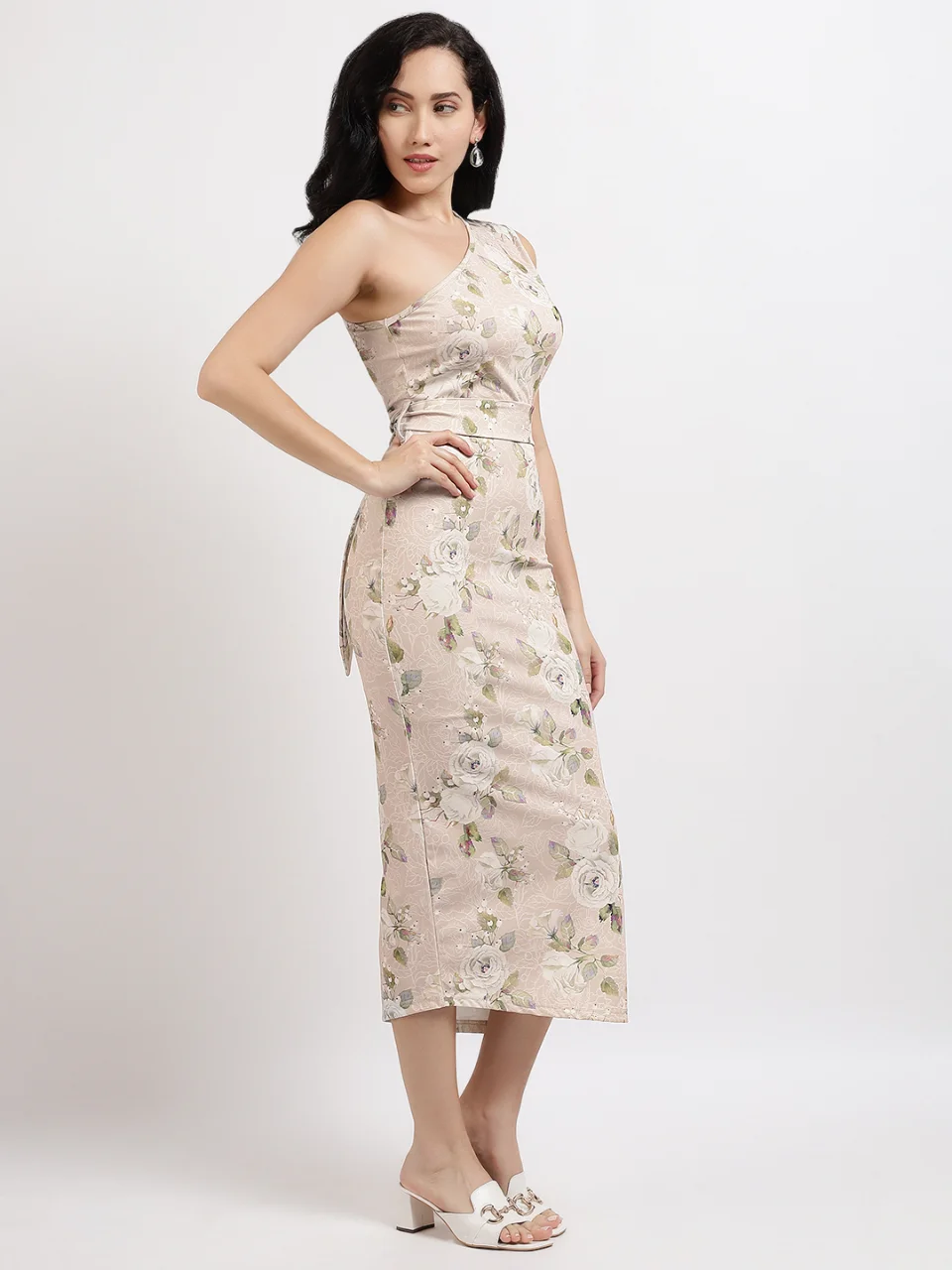 Women Beige Floral Print One-Shoulder Bodycon Dress with Belt - View 3
