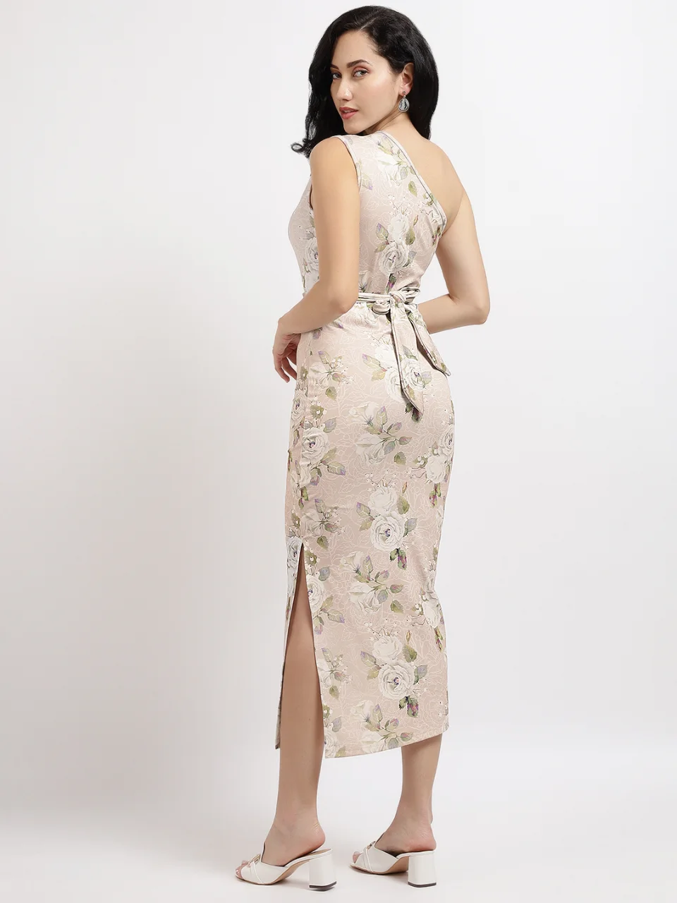Women Beige Floral Print One-Shoulder Bodycon Dress with Belt - View 4