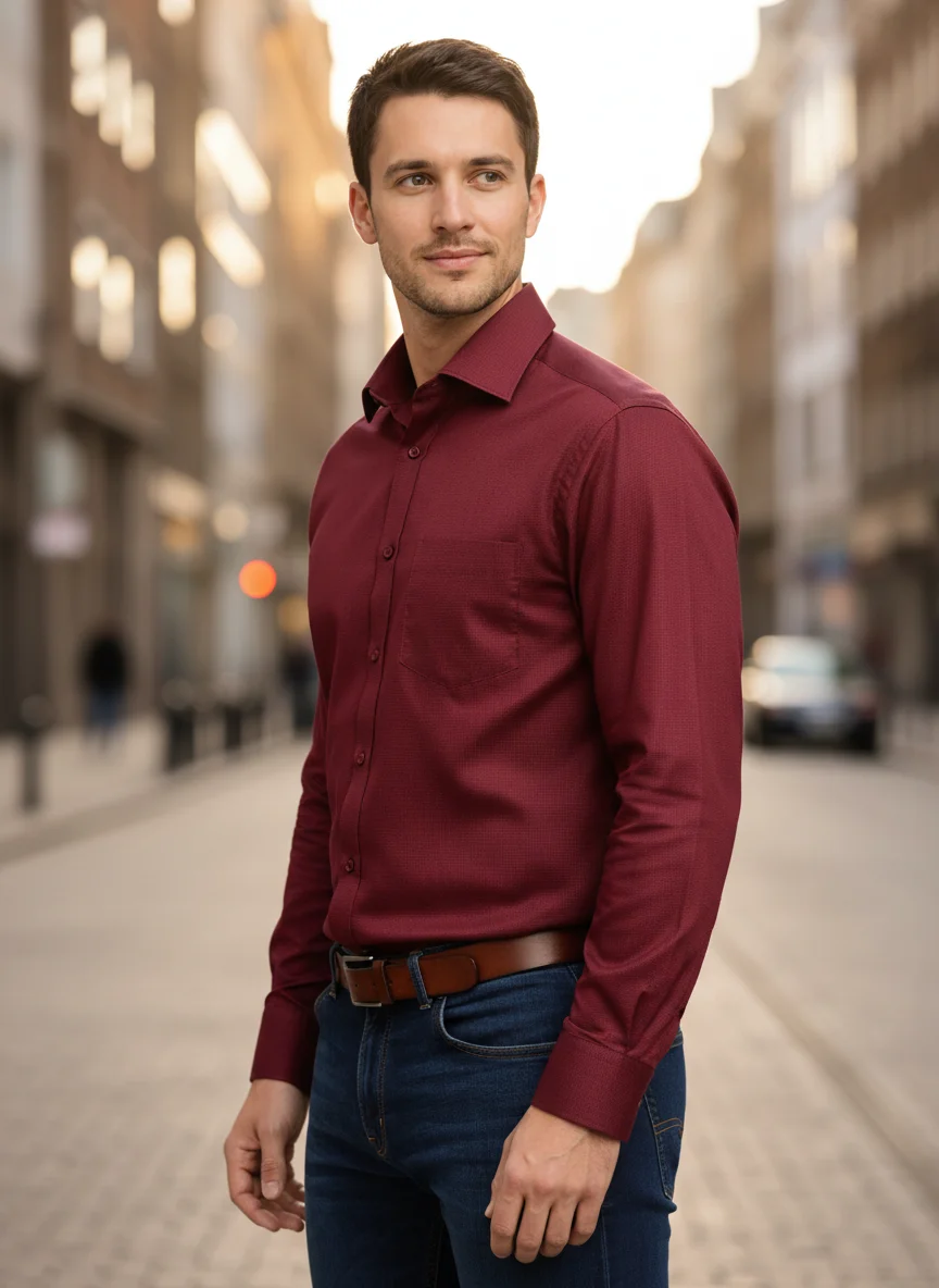 Men’s Premium Maroon Cotton Textured Shirt – Regular Fit | Full Sleeve - View 4