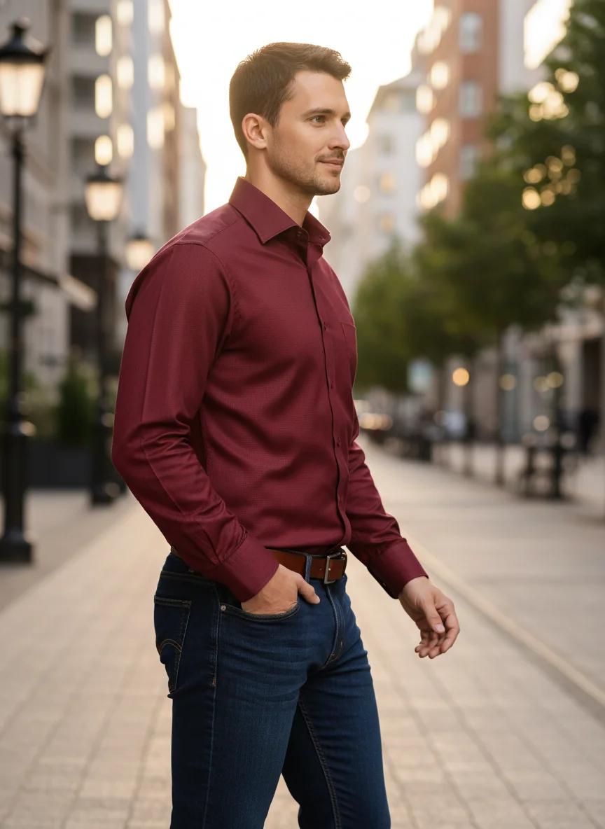 Men’s Premium Maroon Cotton Textured Shirt – Regular Fit | Full Sleeve - View 3