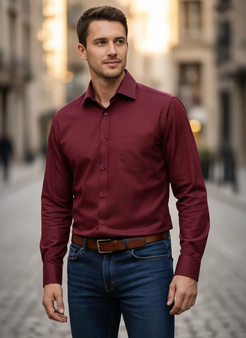 Men’s Premium Maroon Cotton Textured Shirt – Regular Fit | Full Sleeve alternate view