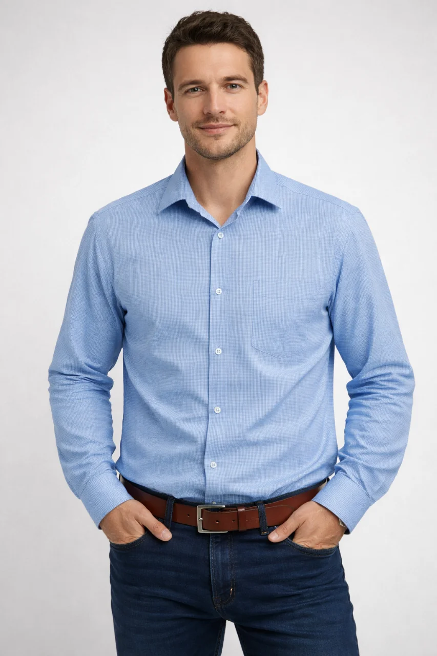 Men’s Premium Light Blue Cotton Textured Shirt – Regular Fit | Full Sleeve
