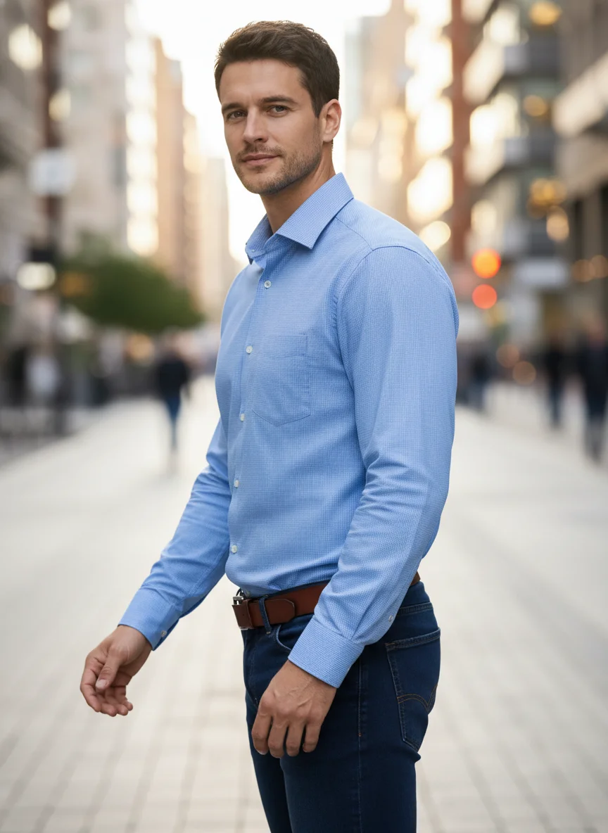 Men’s Premium Light Blue Cotton Textured Shirt – Regular Fit | Full Sleeve - View 4
